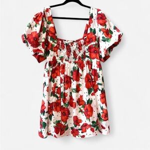 Anthropologie Maeve Square Neck Smocked Babydoll Dress Red Floral Size XL NWT